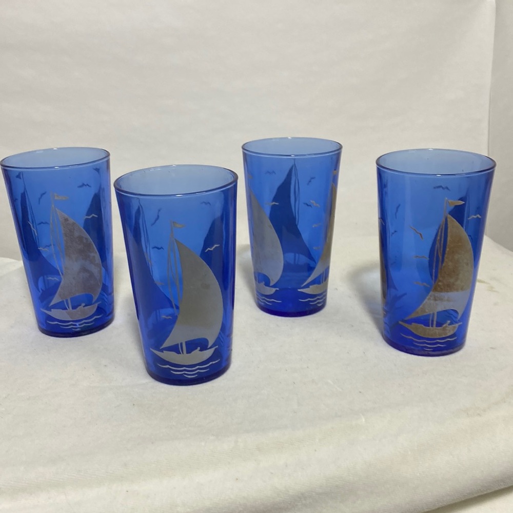 Blue vintage sailboat glasses, set a 46 inches